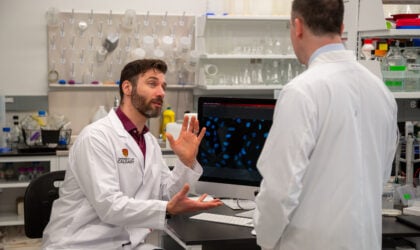 Dr. Dustin Pearson (Left) and Dr. Aaron Goodarzi (Right) in the Transdisciplinary Cancer Research Hub(Photo Credit: Glynnis Mutch Photography)
